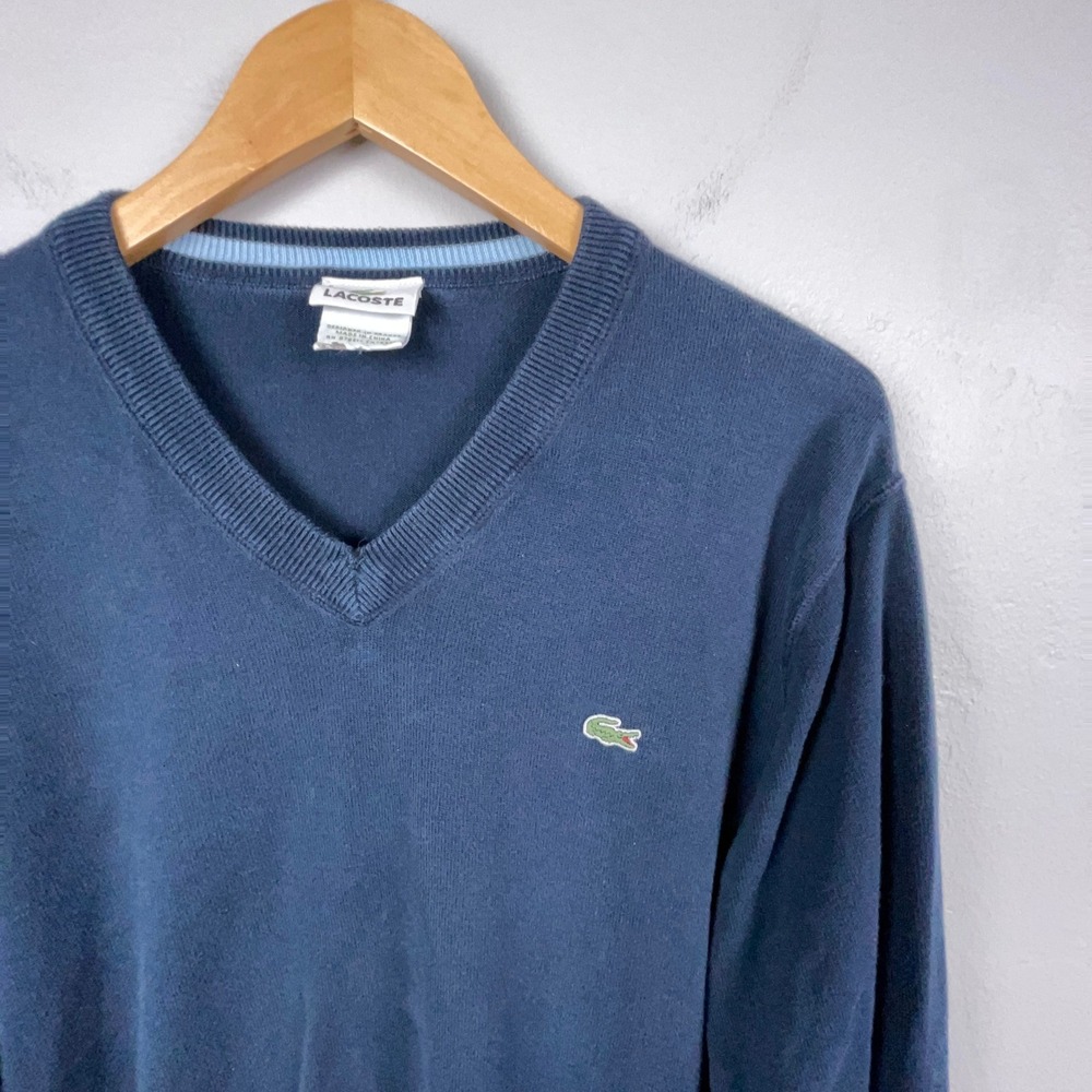 Lacoste Sweater Mens Size 5 Navy Blue V-Neck Cotton Knit Long Sleeve Preppy